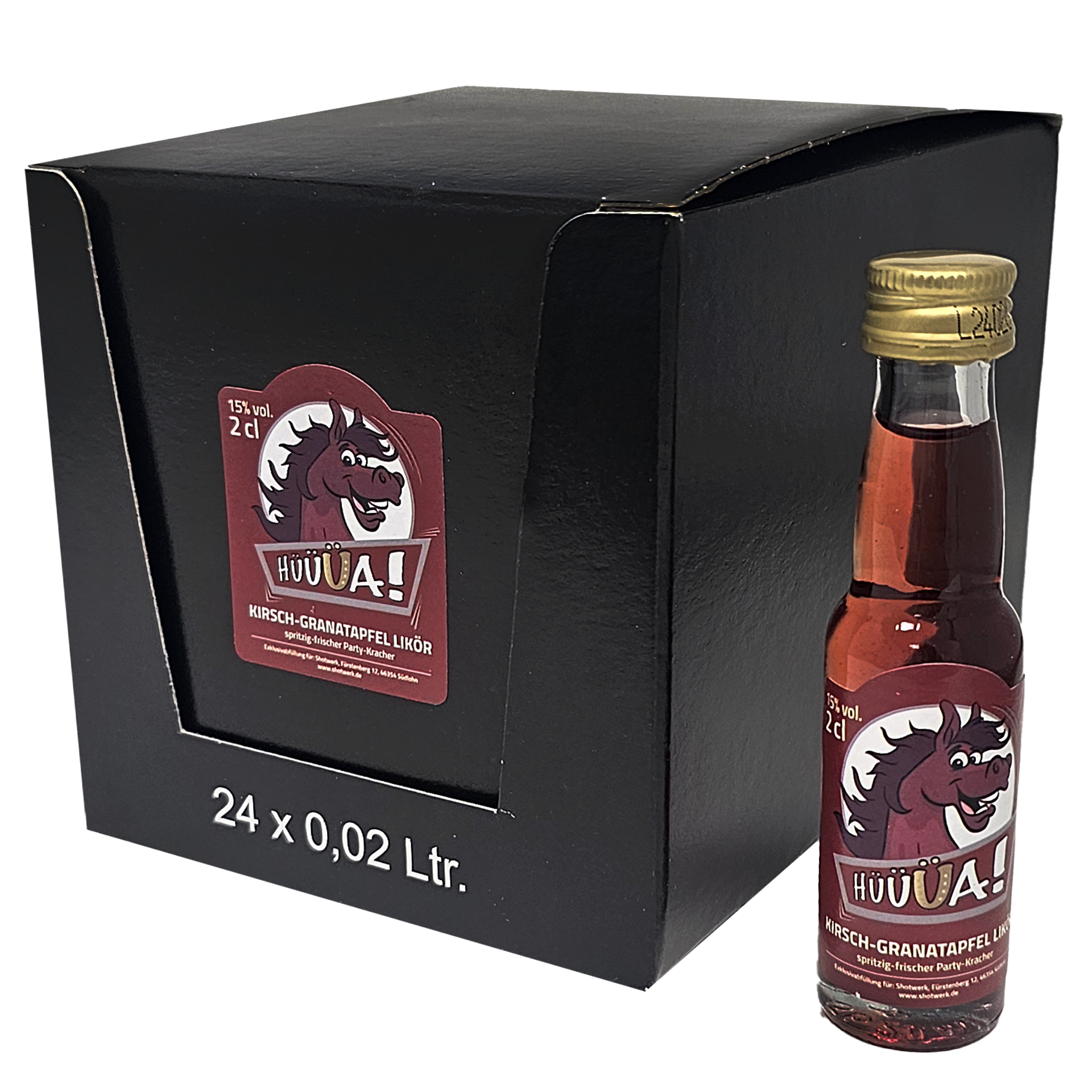 „Hüüüa!“ Kirsch-Granatapfellikör 24 x 0,02 l